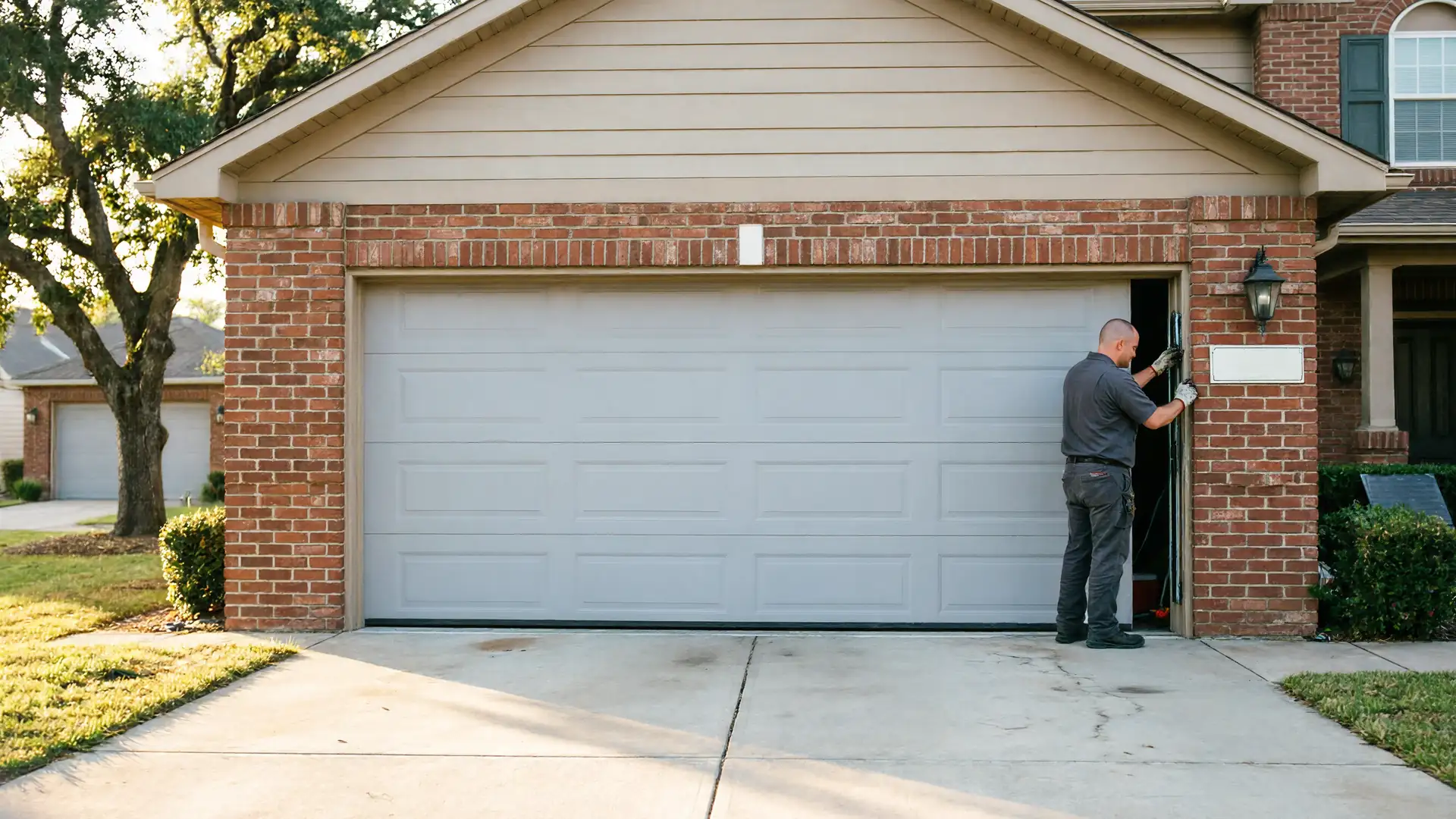 A technician in gloves works on the right side of a closed gray garage door.